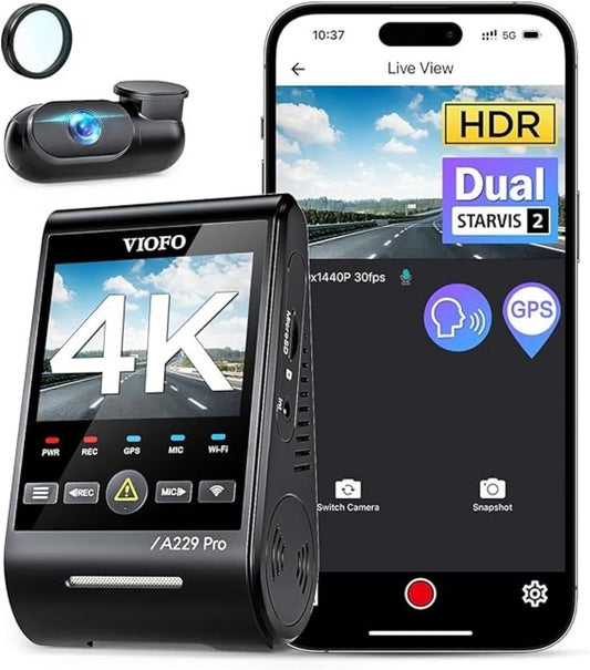 VIOFO A229 Pro 4K HDR Dash Cam, Dual STARVIS 2 IMX678 IMX675, 4K+2K Front and Rear Car Camera, 2 Channel with HDR, Voice Control, 5GHz WiFi GPS