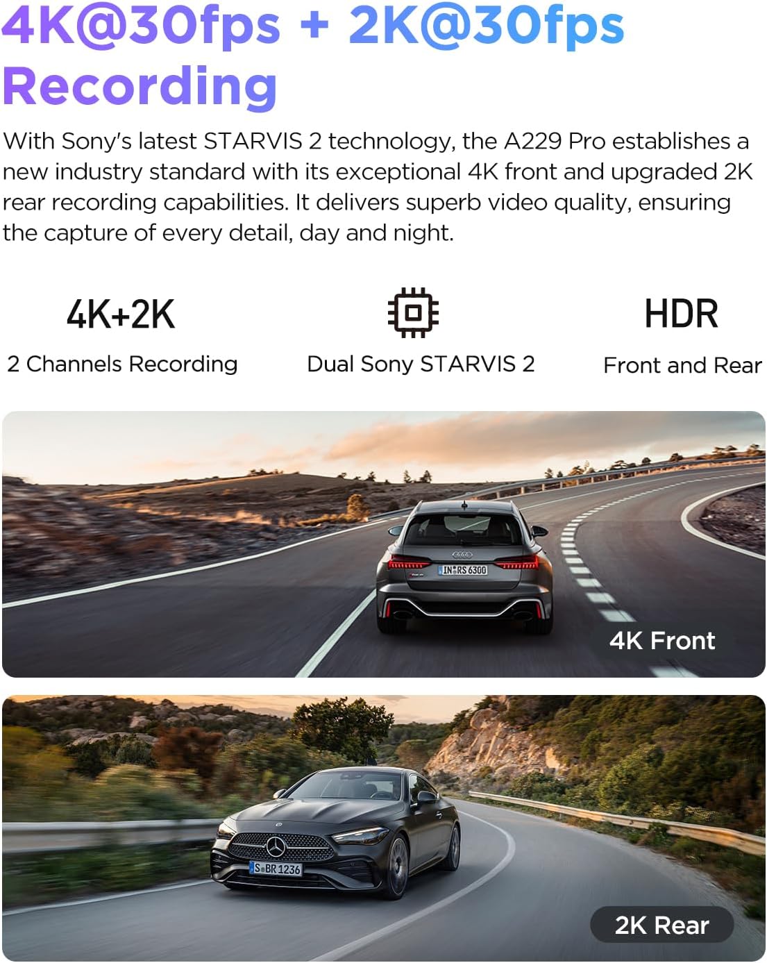VIOFO A229 Pro 4K HDR Dash Cam, Dual STARVIS 2 IMX678 IMX675, 4K+2K Front and Rear Car Camera, 2 Channel with HDR, Voice Control, 5GHz WiFi GPS