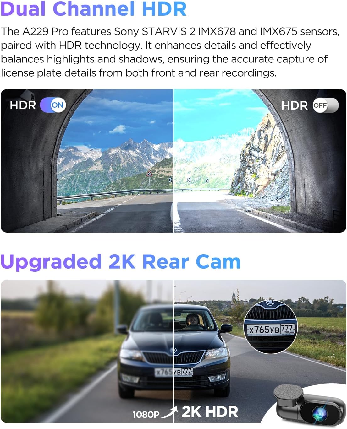 VIOFO A229 Pro 4K HDR Dash Cam, Dual STARVIS 2 IMX678 IMX675, 4K+2K Front and Rear Car Camera, 2 Channel with HDR, Voice Control, 5GHz WiFi GPS