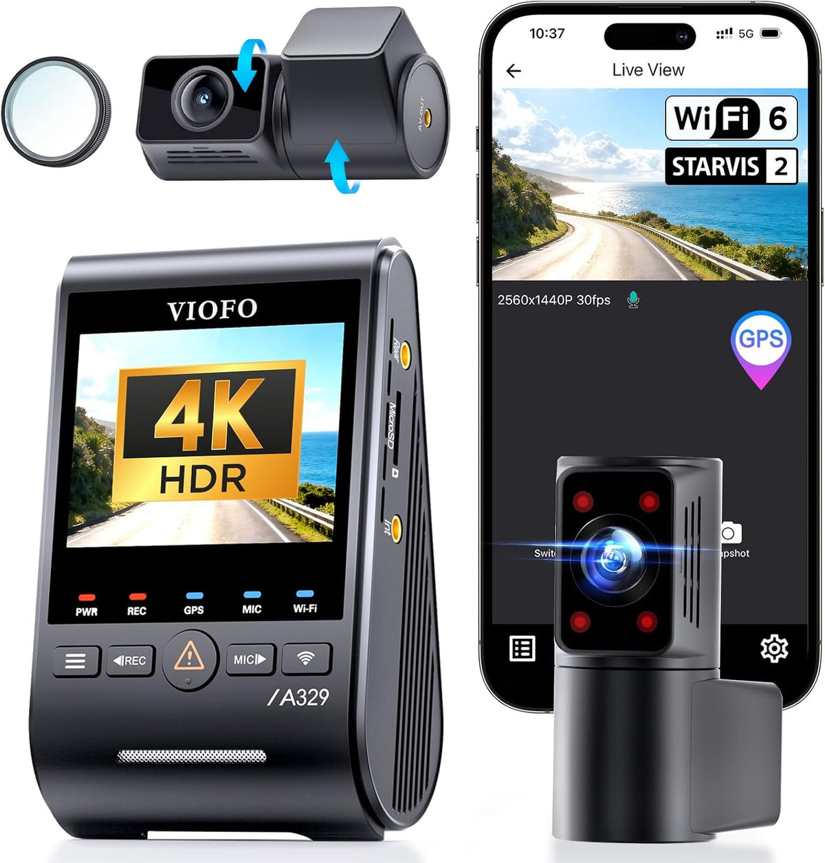 VIOFO A329S 4K 3 Channel Dash Cam, 4K Front + 2K Cabin Fisheye (210°) + 2K Rear, Power Saving Parking Mode, Wi-Fi 6 App Control