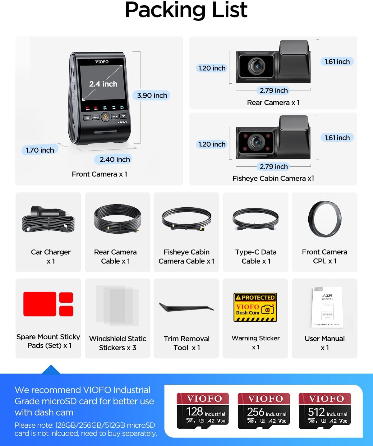 VIOFO A329S 4K 3 Channel Dash Cam, 4K Front + 2K Cabin Fisheye (210°) + 2K Rear, Power Saving Parking Mode, Wi-Fi 6 App Control
