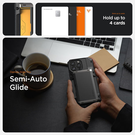 VRS DESIGN Damda Glide Pro Phone Case for iPhone 14 Pro Max, Sturdy Semi Auto Wallet, 4 Cards, Case with Card Slot Holder