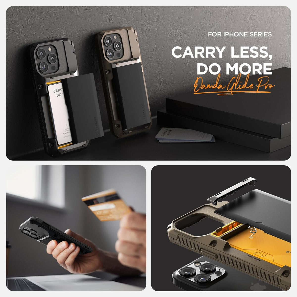 VRS DESIGN Damda Glide Pro Phone Case for iPhone 14 Pro Max, Sturdy Semi Auto Wallet, 4 Cards, Case with Card Slot Holder