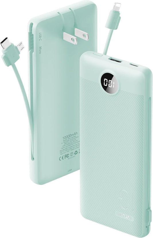 VRURC Portable Charger Built-in Cables and AC Wall Plug, USB C Power Bank 10000mAh, Travel Battery Portable Phone Charger Compact Lightweight External