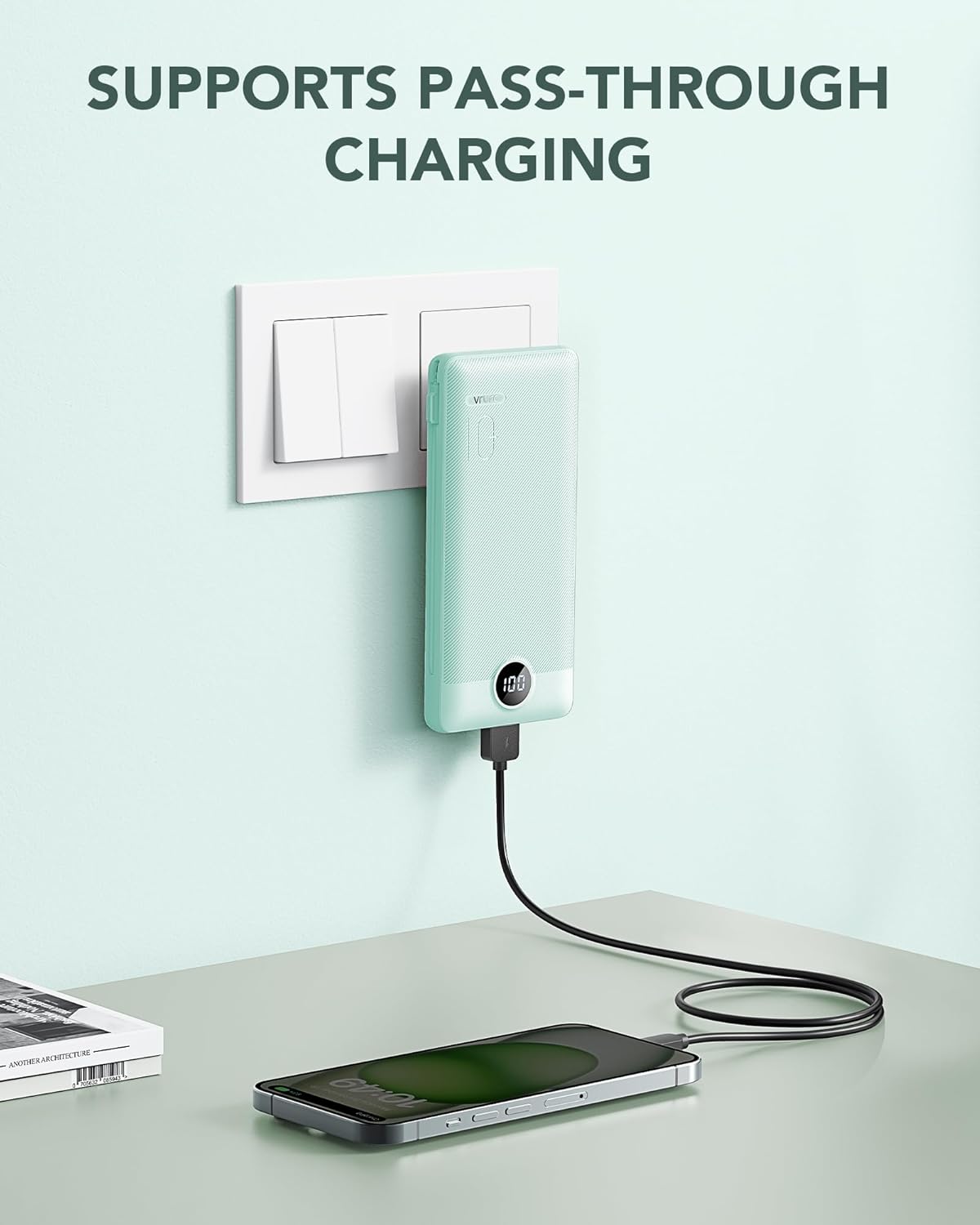 VRURC Portable Charger Built-in Cables and AC Wall Plug, USB C Power Bank 10000mAh, Travel Battery Portable Phone Charger Compact Lightweight External