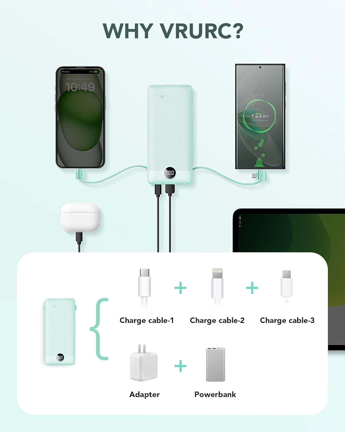 VRURC Portable Charger Built-in Cables and AC Wall Plug, USB C Power Bank 10000mAh, Travel Battery Portable Phone Charger Compact Lightweight External