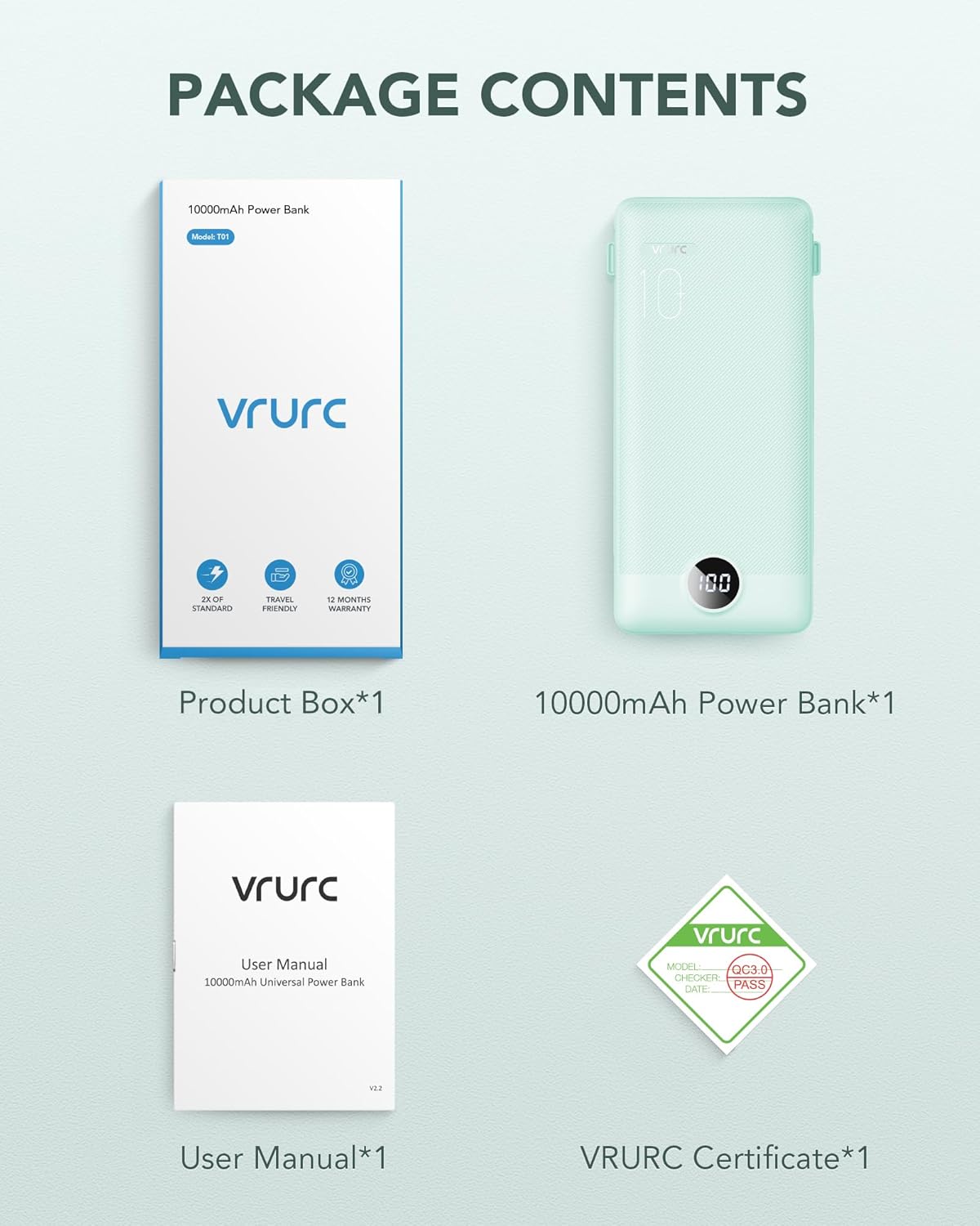 VRURC Portable Charger Built-in Cables and AC Wall Plug, USB C Power Bank 10000mAh, Travel Battery Portable Phone Charger Compact Lightweight External