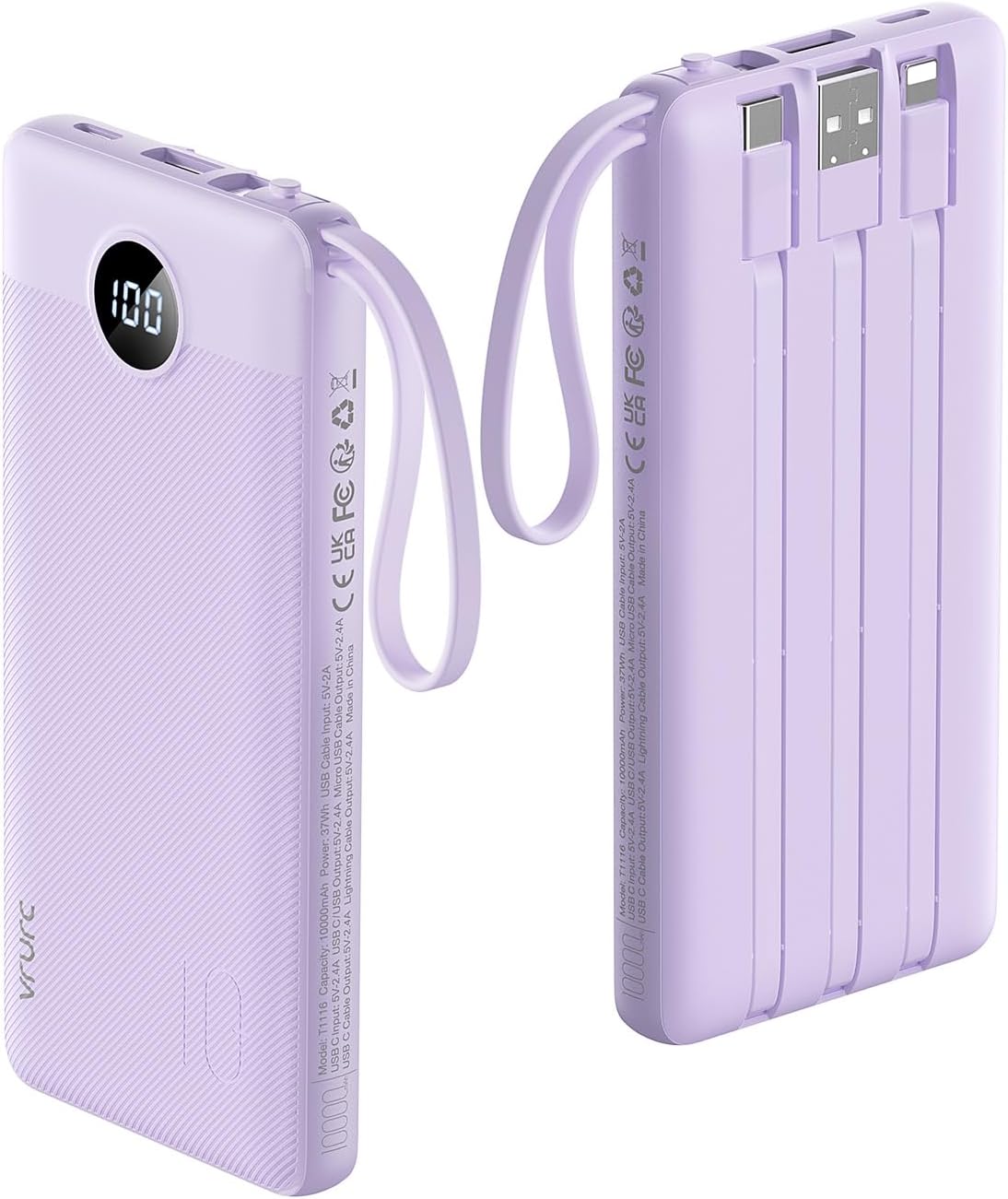 VRURC Portable Charger Power Bank, 10000mAh Travel Essentials Battery Pack, 5 Outputs 2 Inputs Slim Charging Bank Built-in Cables Cords (1 Pack)