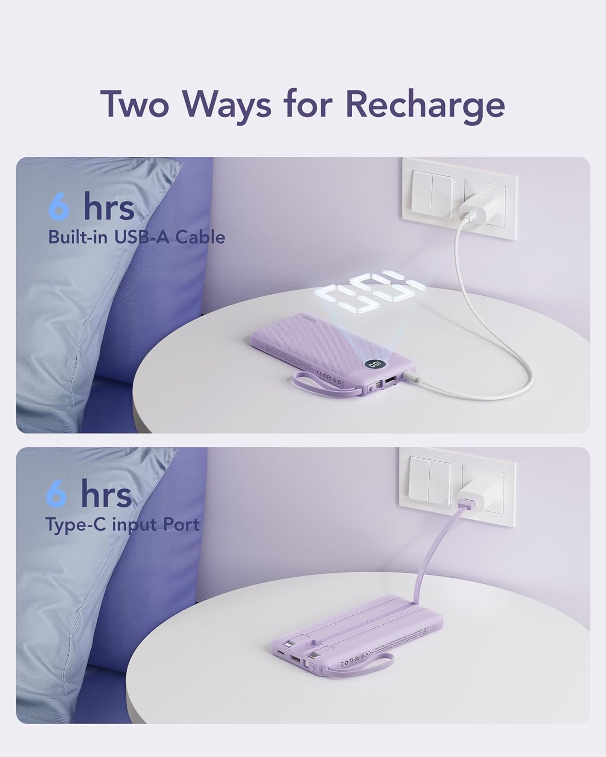 VRURC Portable Charger Power Bank, 10000mAh Travel Essentials Battery Pack, 5 Outputs 2 Inputs Slim Charging Bank Built-in Cables Cords (1 Pack)
