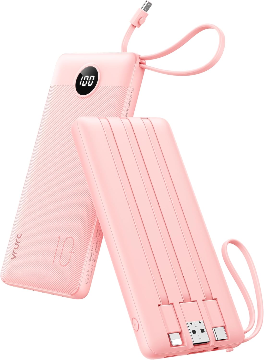 VRURC Portable Charger Power Bank, Built-in 4 Cables & 2 Ports, 10000mAh Slim Battery Pack with LED Display (1 Pack)