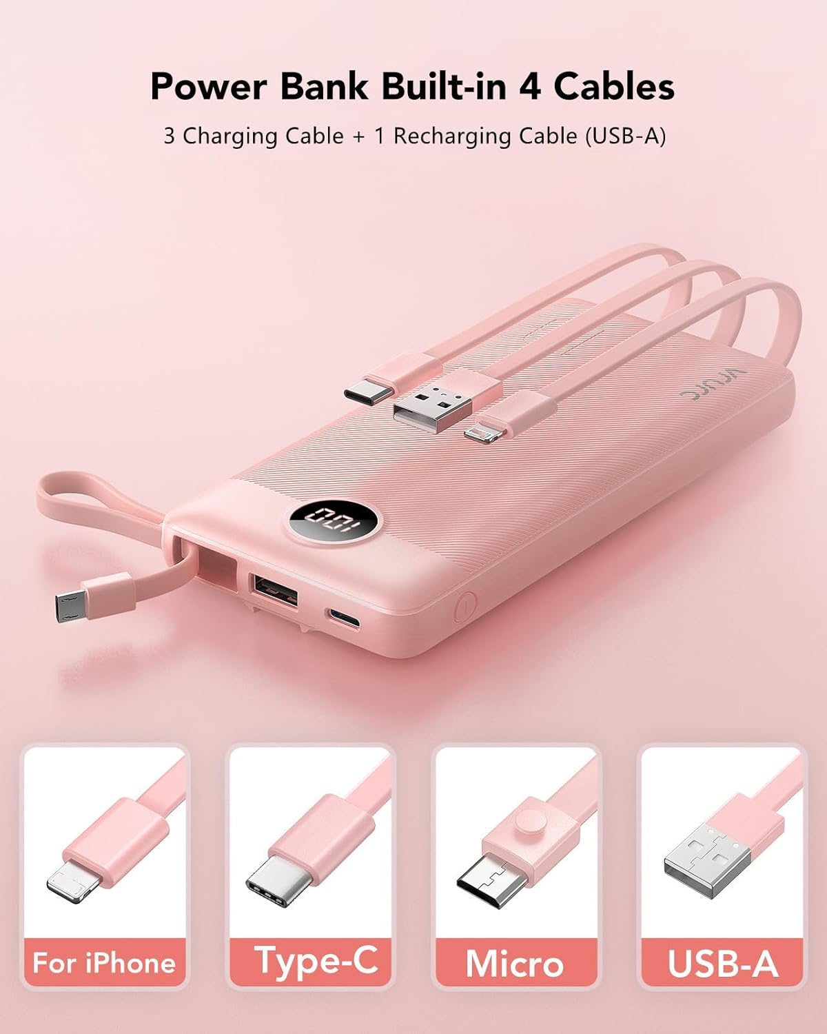 VRURC Portable Charger Power Bank, Built-in 4 Cables & 2 Ports, 10000mAh Slim Battery Pack with LED Display (1 Pack)