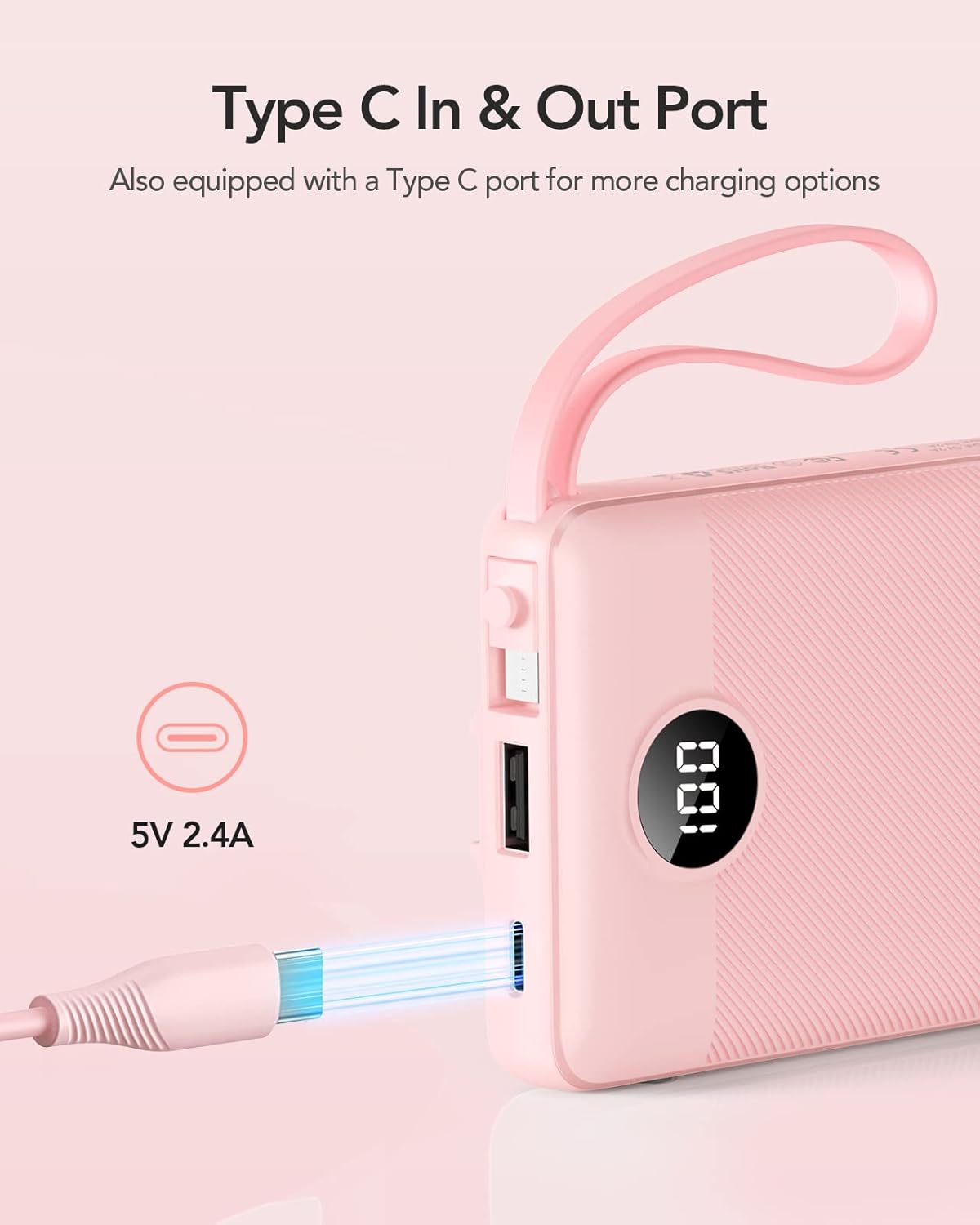 VRURC Portable Charger Power Bank, Built-in 4 Cables & 2 Ports, 10000mAh Slim Battery Pack with LED Display (1 Pack)