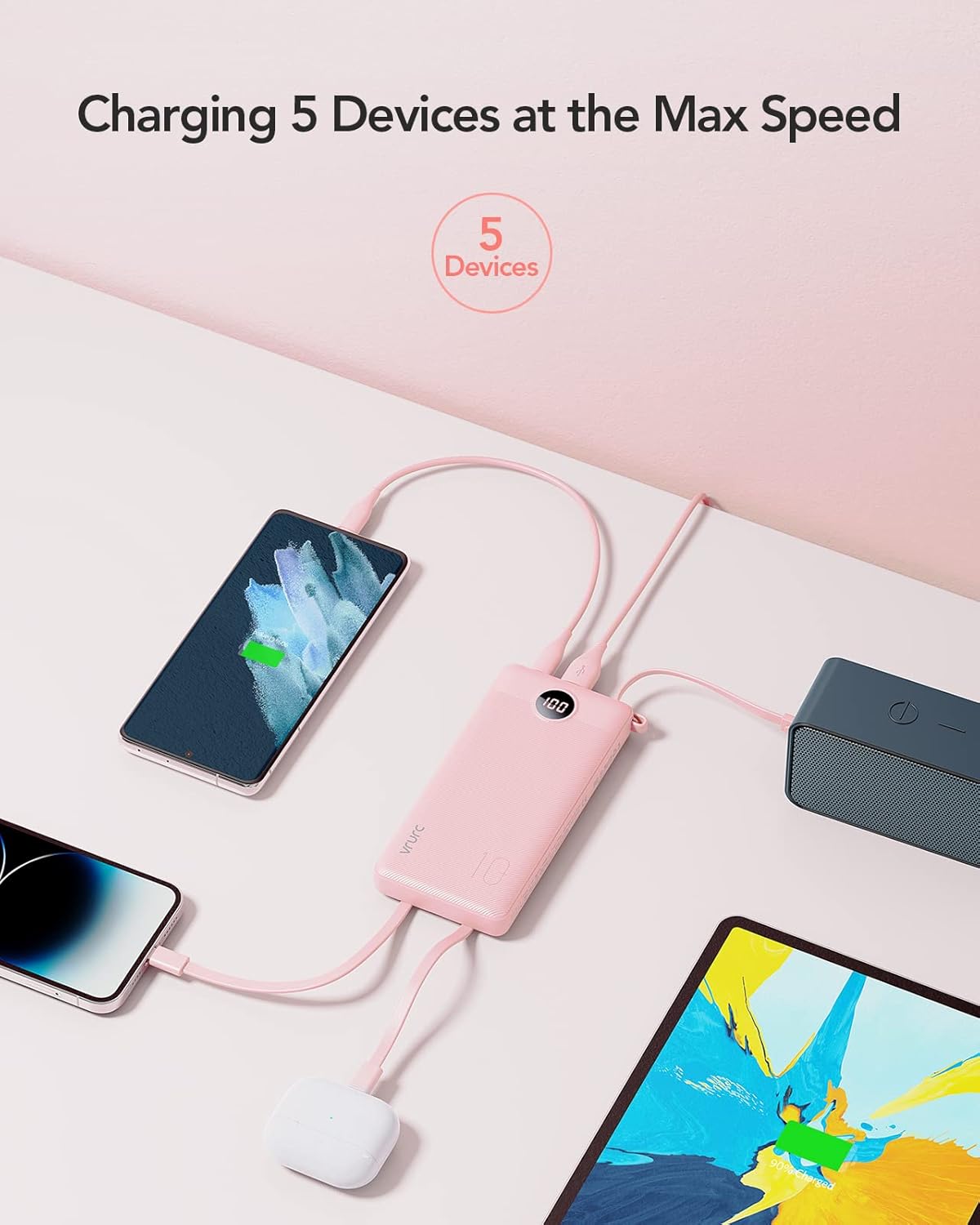 VRURC Portable Charger Power Bank, Built-in 4 Cables & 2 Ports, 10000mAh Slim Battery Pack with LED Display (1 Pack)