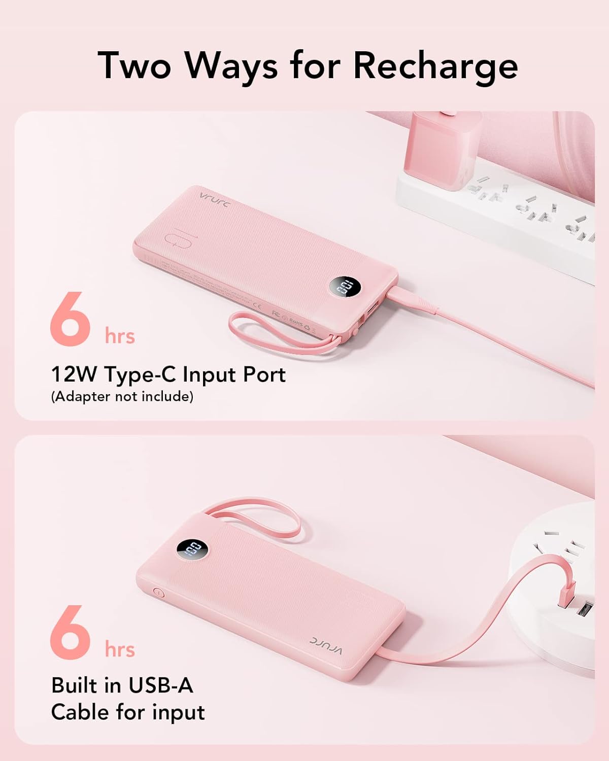 VRURC Portable Charger Power Bank, Built-in 4 Cables & 2 Ports, 10000mAh Slim Battery Pack with LED Display (1 Pack)