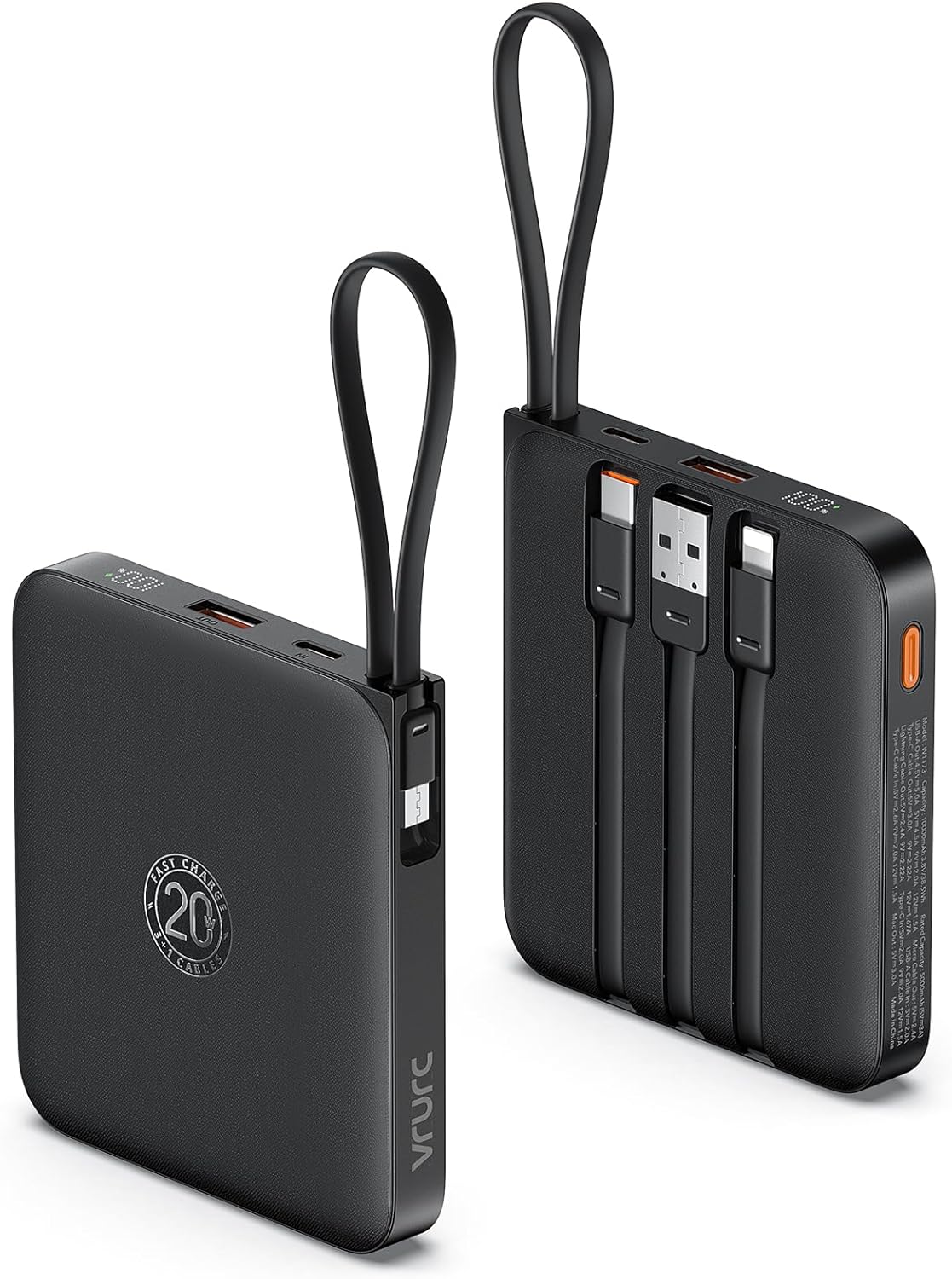 VRURC Portable Charger with Built-in Cable, 10000mAh 22.5W Fast Charging USB C Battery Pack, Cell Phone Power Bank (1 Pack)