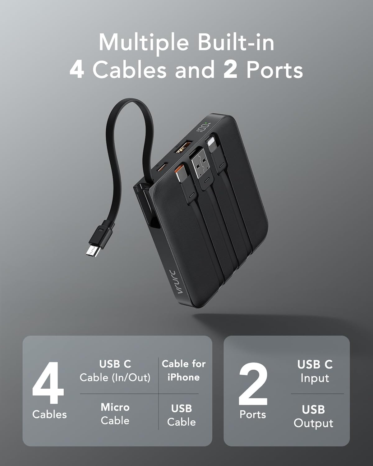 VRURC Portable Charger with Built-in Cable, 10000mAh 22.5W Fast Charging USB C Battery Pack, Cell Phone Power Bank (1 Pack)