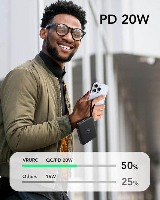 VRURC Portable Charger with Built-in Cable, 10000mAh 22.5W Fast Charging USB C Battery Pack, Cell Phone Power Bank (1 Pack)