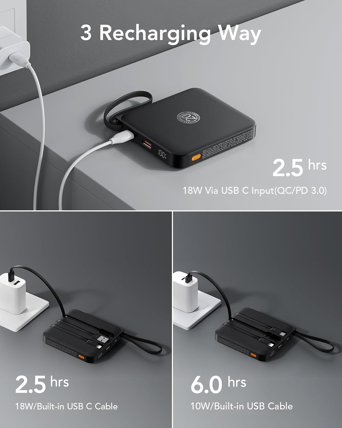 VRURC Portable Charger with Built-in Cable, 10000mAh 22.5W Fast Charging USB C Battery Pack, Cell Phone Power Bank (1 Pack)