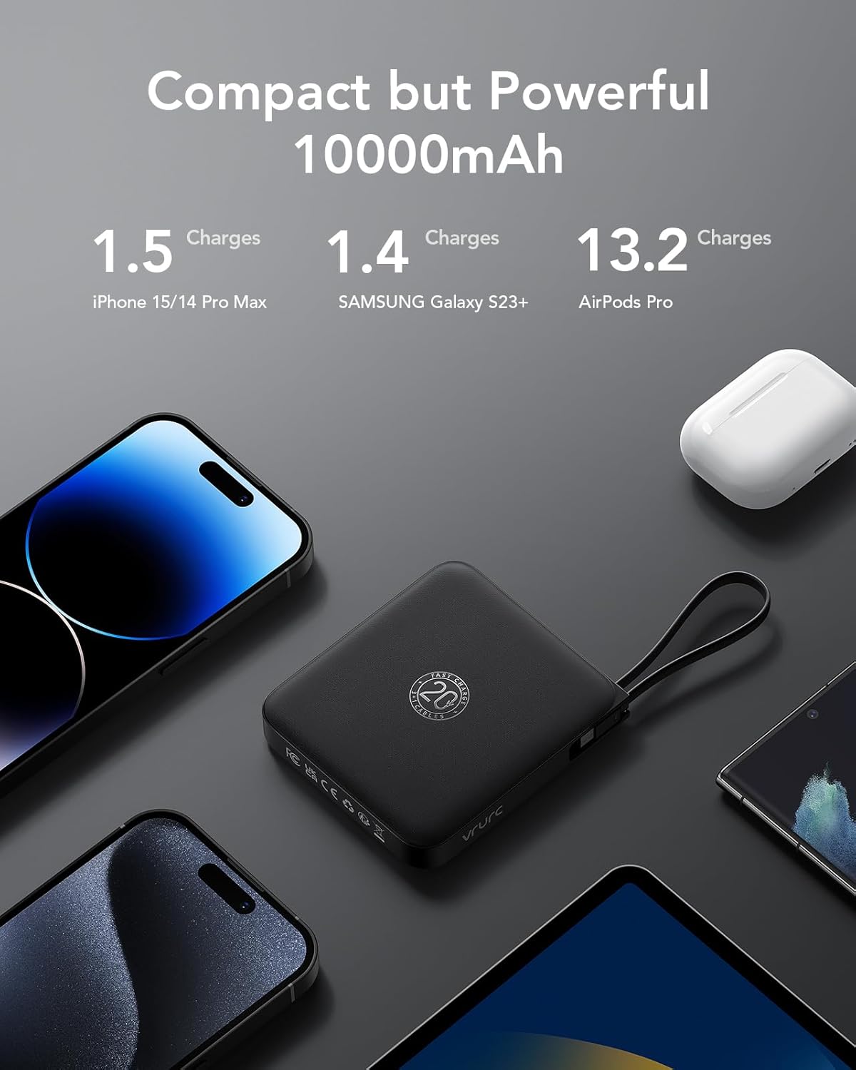 VRURC Portable Charger with Built-in Cable, 10000mAh 22.5W Fast Charging USB C Battery Pack, Cell Phone Power Bank (1 Pack)