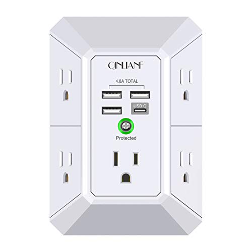 Wall Charger, Surge Protector, QINLIANF 5 Outlet Extender with 4 USB Charging Ports (4.8A Total) 3-Sided 1680J Power Strip Multi Plug Adapter Spaced