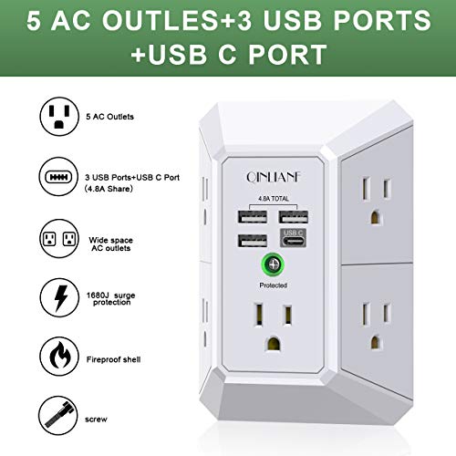 Wall Charger, Surge Protector, QINLIANF 5 Outlet Extender with 4 USB Charging Ports (4.8A Total) 3-Sided 1680J Power Strip Multi Plug Adapter Spaced