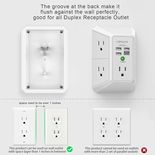 Wall Charger, Surge Protector, QINLIANF 5 Outlet Extender with 4 USB Charging Ports (4.8A Total) 3-Sided 1680J Power Strip Multi Plug Adapter Spaced