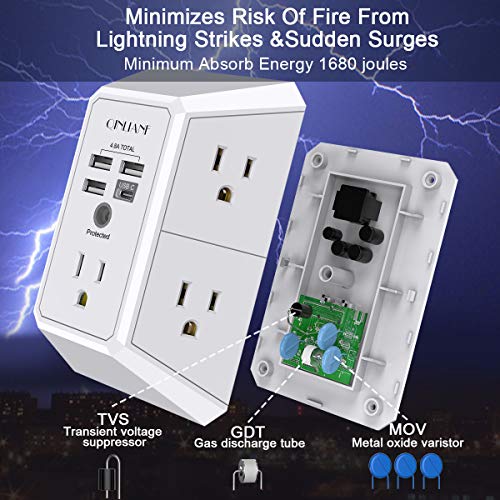 Wall Charger, Surge Protector, QINLIANF 5 Outlet Extender with 4 USB Charging Ports (4.8A Total) 3-Sided 1680J Power Strip Multi Plug Adapter Spaced
