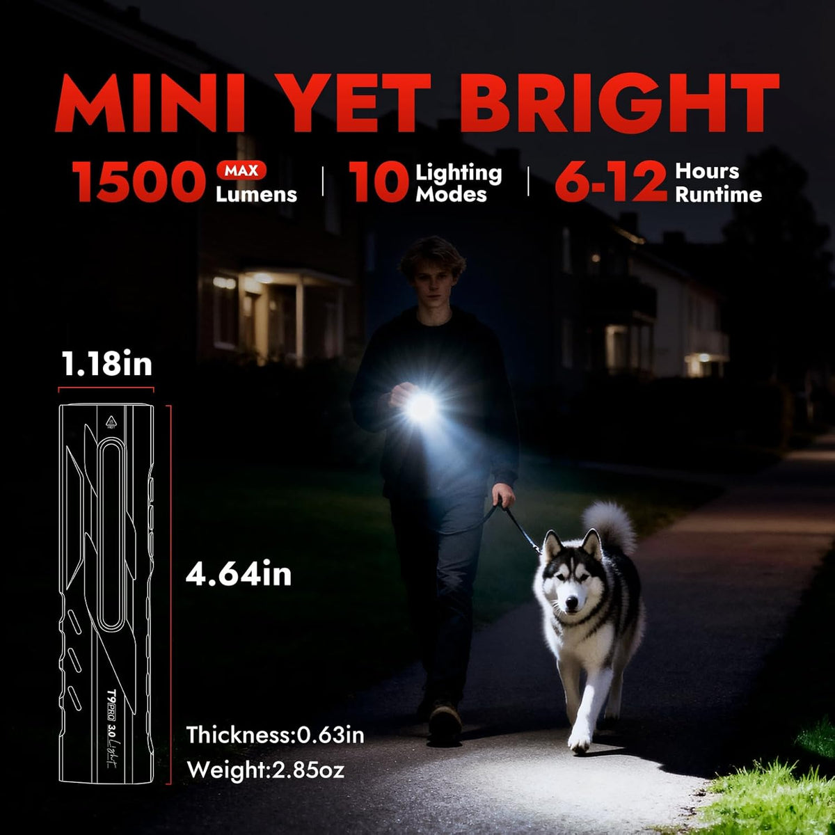 WARSUN T9 PRO Rechargeable EDC Flashlight - 1500 Lumens LED Pocket Flashlight, Magnetic Work Light with Clip for Dog Walking, Camping, Hiking