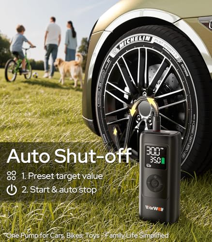 WARWOLF 160PSI Tire Inflator Portable Air Compressor, Electric Air Pump for Car Tires with Pressure Gauge, Dual Power 12V DC, LED Light, Auto Shut-Off
