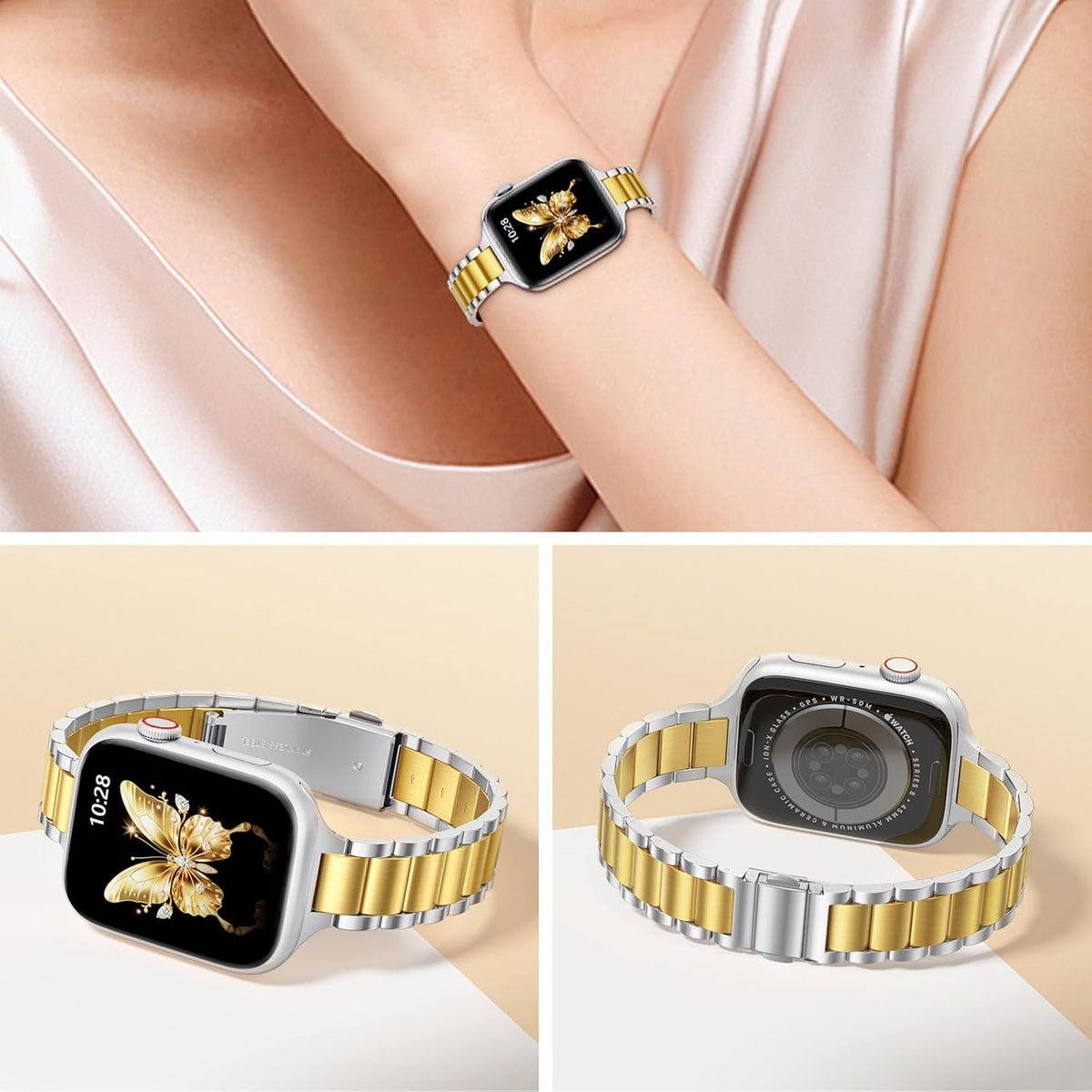 WFEAGL Thin Metal Bands Compatible with Apple Watch Band 42mm (Series 11 10) 41mm 40mm 38mm for Women, Slim Stainless Steel Wristbands (Silver+Gold)