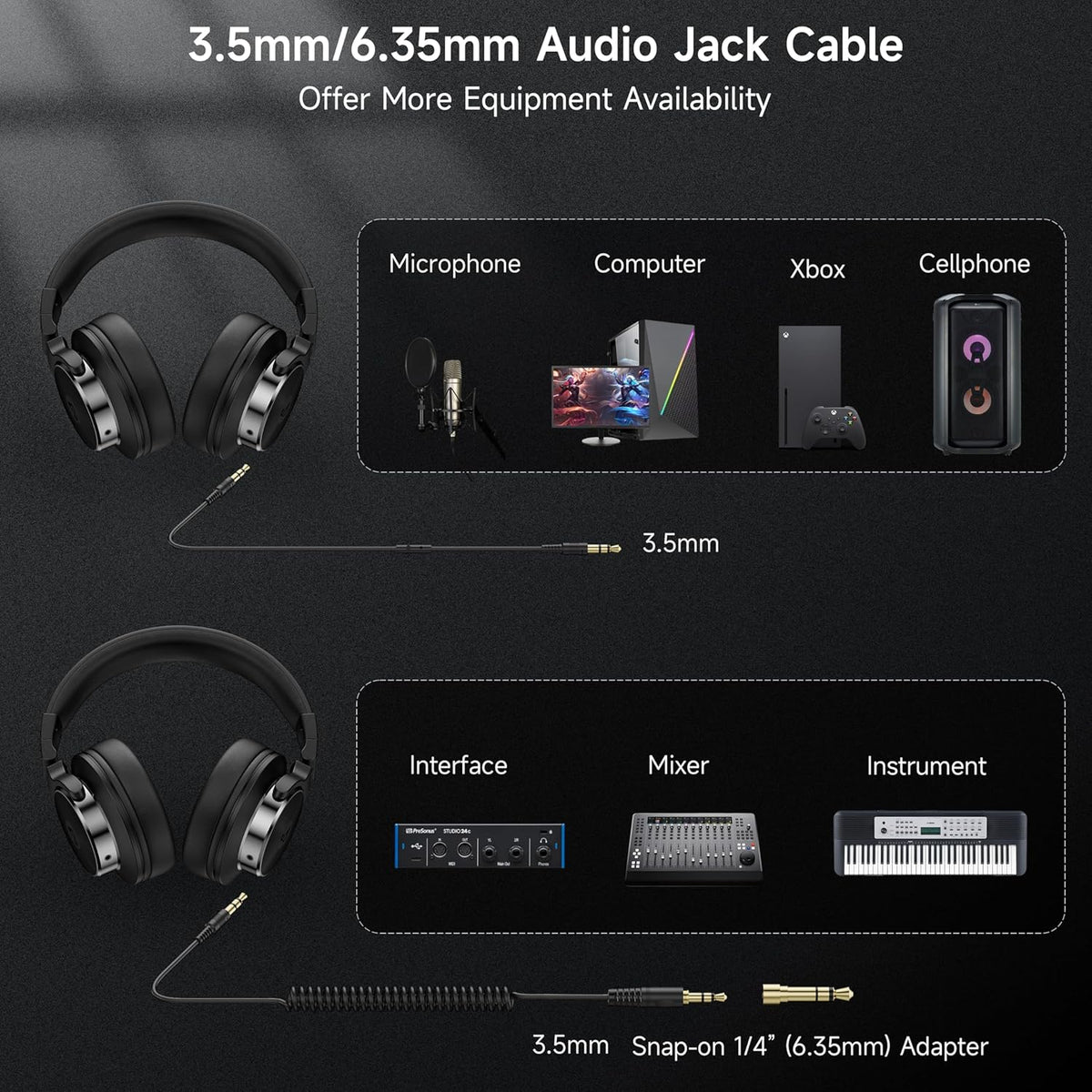Wired Headphones Over Ear, Studio Monitor & Mixing DJ Headphones with 50mm Neodymium Drivers and 1/4 to 3.5mm Jack for Guitar AMP Podcast Piano