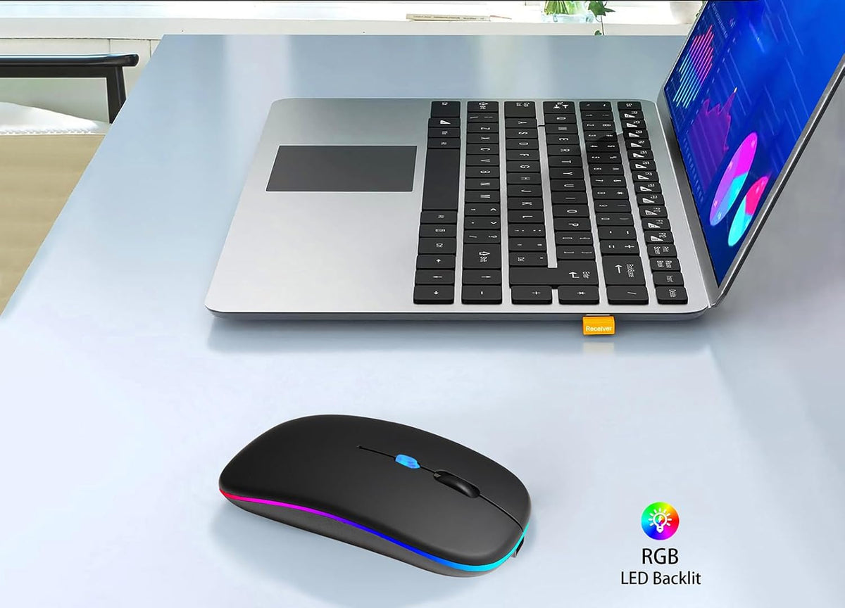 Wireless Bluetooth Mouse Rechargeable Laptop Mice with LED Use Portable(BT5.2 and USB 2.4G) Dual Mode Connection Silent Slim Computer Mouse (Black)