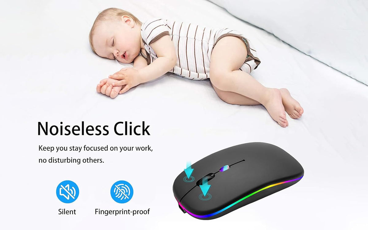 Wireless Bluetooth Mouse Rechargeable Laptop Mice with LED Use Portable(BT5.2 and USB 2.4G) Dual Mode Connection Silent Slim Computer Mouse (Black)