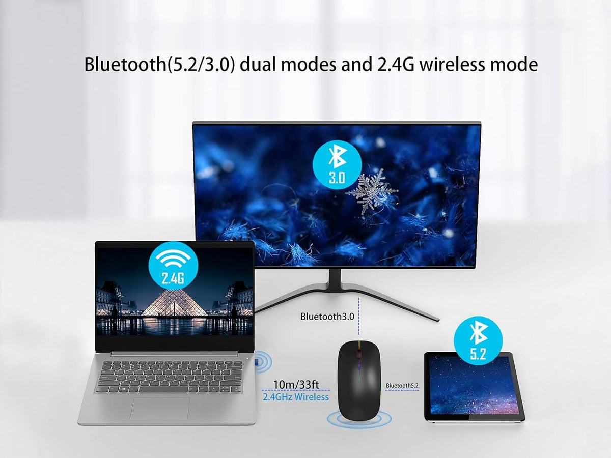 Wireless Bluetooth Mouse Rechargeable Laptop Mice with LED Use Portable(BT5.2 and USB 2.4G) Dual Mode Connection Silent Slim Computer Mouse (Black)