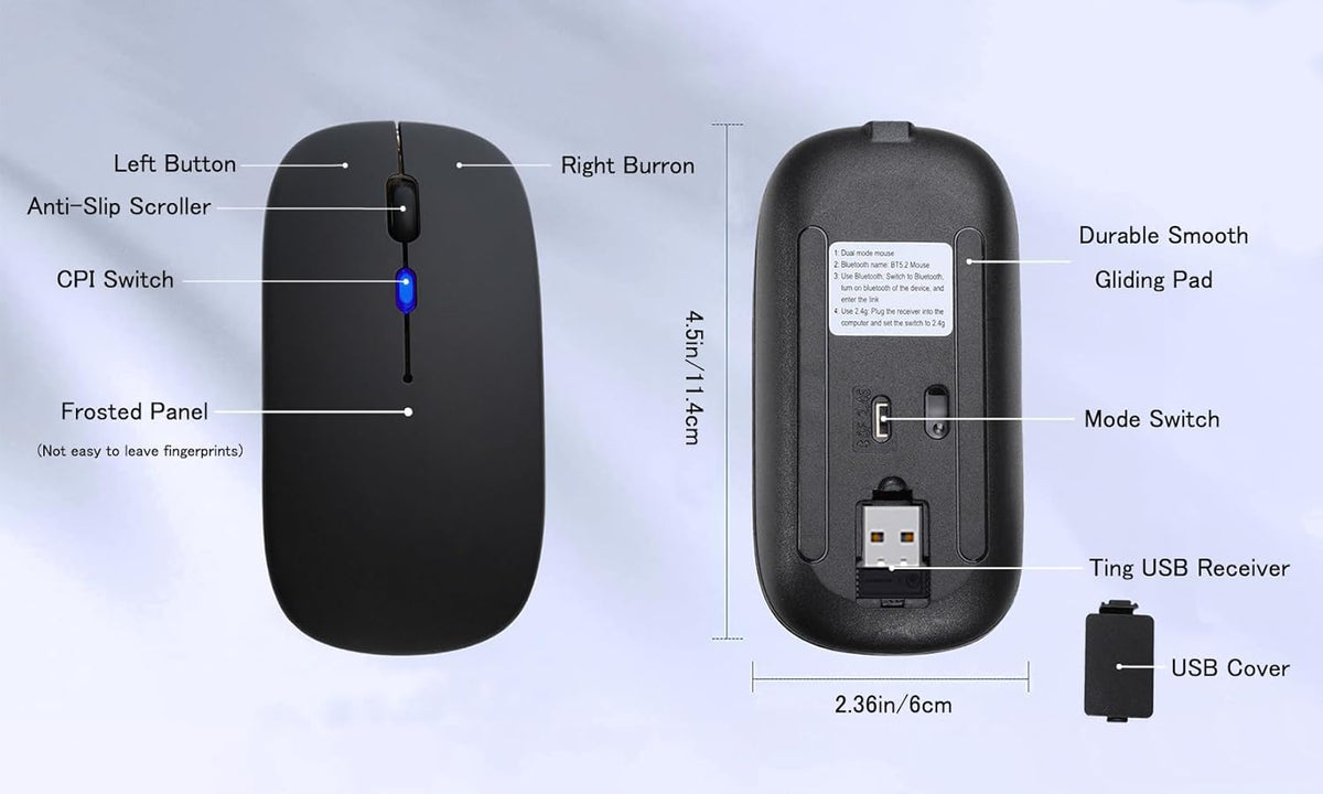 Wireless Bluetooth Mouse Rechargeable Laptop Mice with LED Use Portable(BT5.2 and USB 2.4G) Dual Mode Connection Silent Slim Computer Mouse (Black)