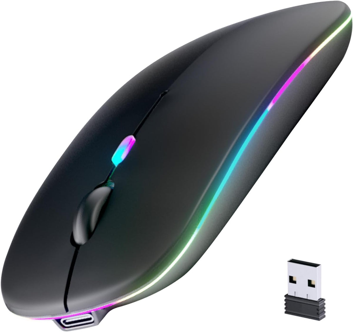 Wireless Bluetooth Mouse, Rechargeable, LED, Silent, Ultra-thin Design (Bluetooth 5.2 and 2.4GHz USB Receiver) - Portable Computer Mouse (Black)