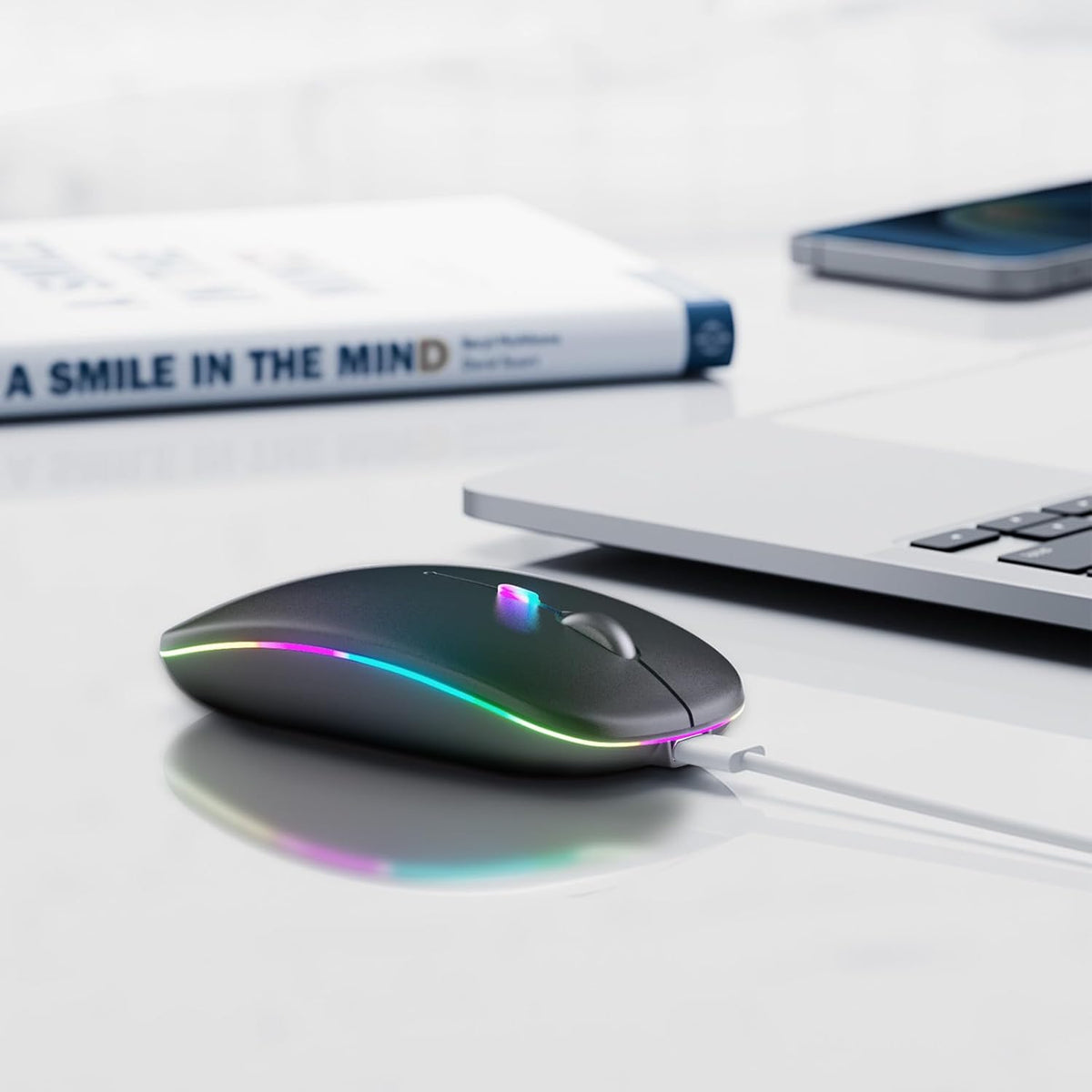 Wireless Bluetooth Mouse, Rechargeable, LED, Silent, Ultra-thin Design (Bluetooth 5.2 and 2.4GHz USB Receiver) - Portable Computer Mouse (Black)
