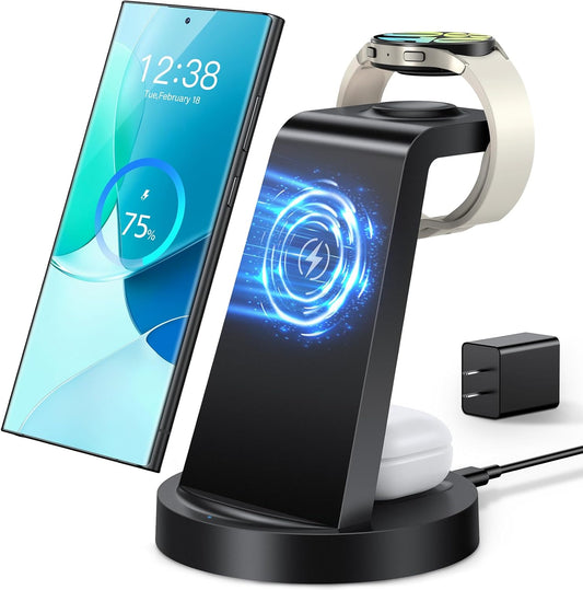 Wireless Charger for Samsung, 3 in 1 Wireless Charging Station for Samsung Galaxy Watch 8 7 6 5 4 3 Pro Classic Galaxy Buds - Charger Dock Stand