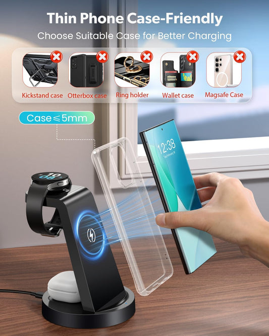 Wireless Charger for Samsung, 3 in 1 Wireless Charging Station for Samsung Galaxy Watch 8 7 6 5 4 3 Pro Classic Galaxy Buds - Charger Dock Stand