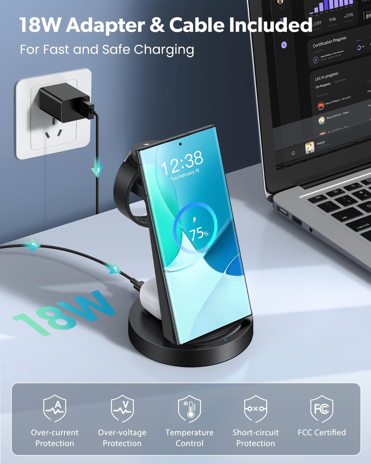Wireless Charger for Samsung, 3 in 1 Wireless Charging Station for Samsung Galaxy Watch 8 7 6 5 4 3 Pro Classic Galaxy Buds - Charger Dock Stand