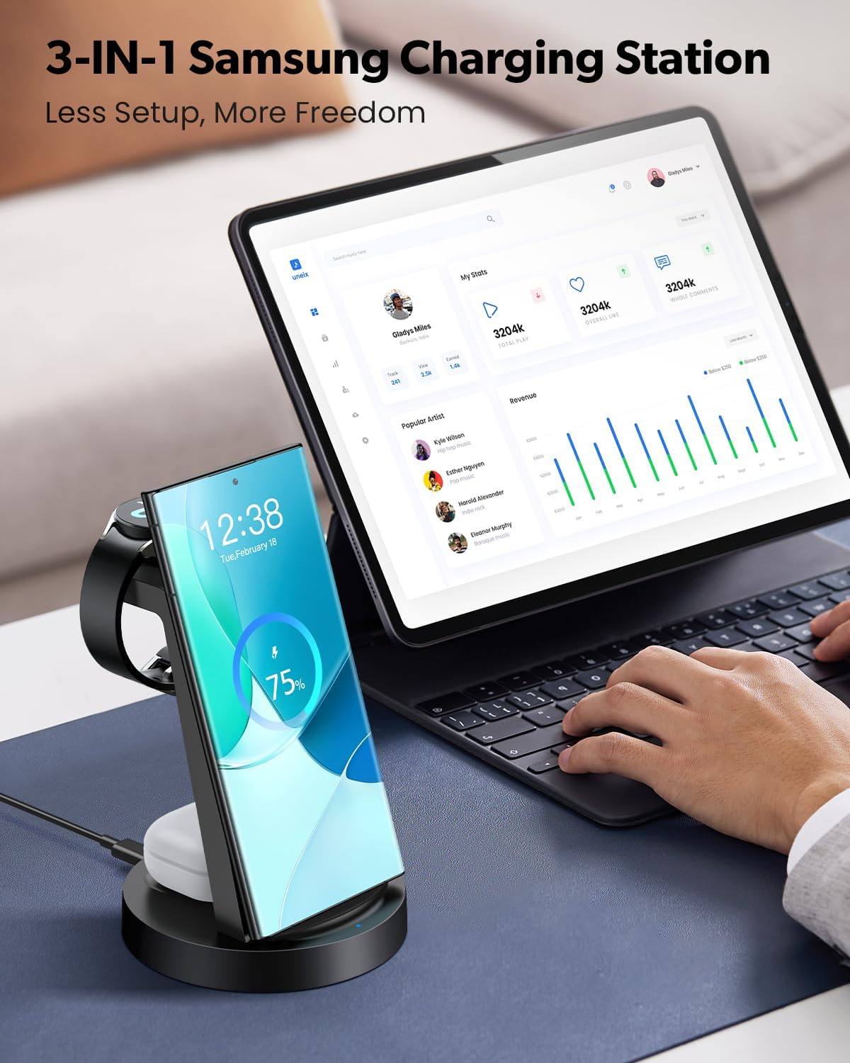 Wireless Charger for Samsung, 3 in 1 Wireless Charging Station for Samsung Galaxy Watch 8 7 6 5 4 3 Pro Classic Galaxy Buds - Charger Dock Stand