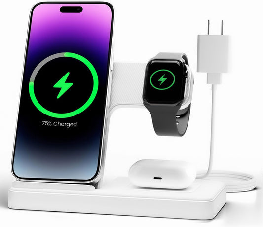 Wireless Charger Stand Charging Station, 3 in 1 Charger Stand Multiple Devices for Apple - iPhone 17 16e 16 15 14 Pro Max 13 12 (White)