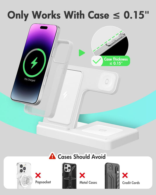Wireless Charger Stand Charging Station, 3 in 1 Charger Stand Multiple Devices for Apple - iPhone 17 16e 16 15 14 Pro Max 13 12 (White)