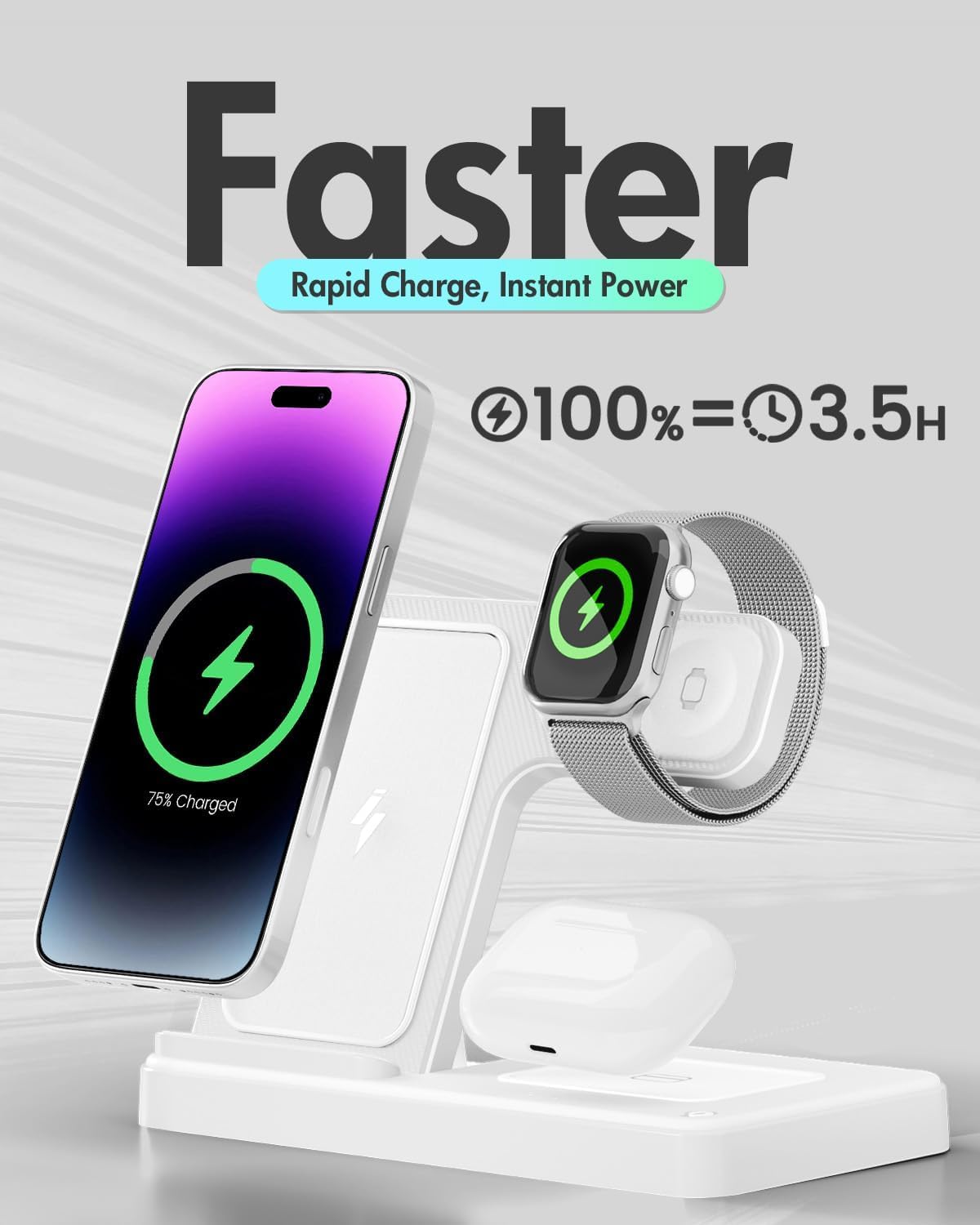 Wireless Charger Stand Charging Station, 3 in 1 Charger Stand Multiple Devices for Apple - iPhone 17 16e 16 15 14 Pro Max 13 12 (White)