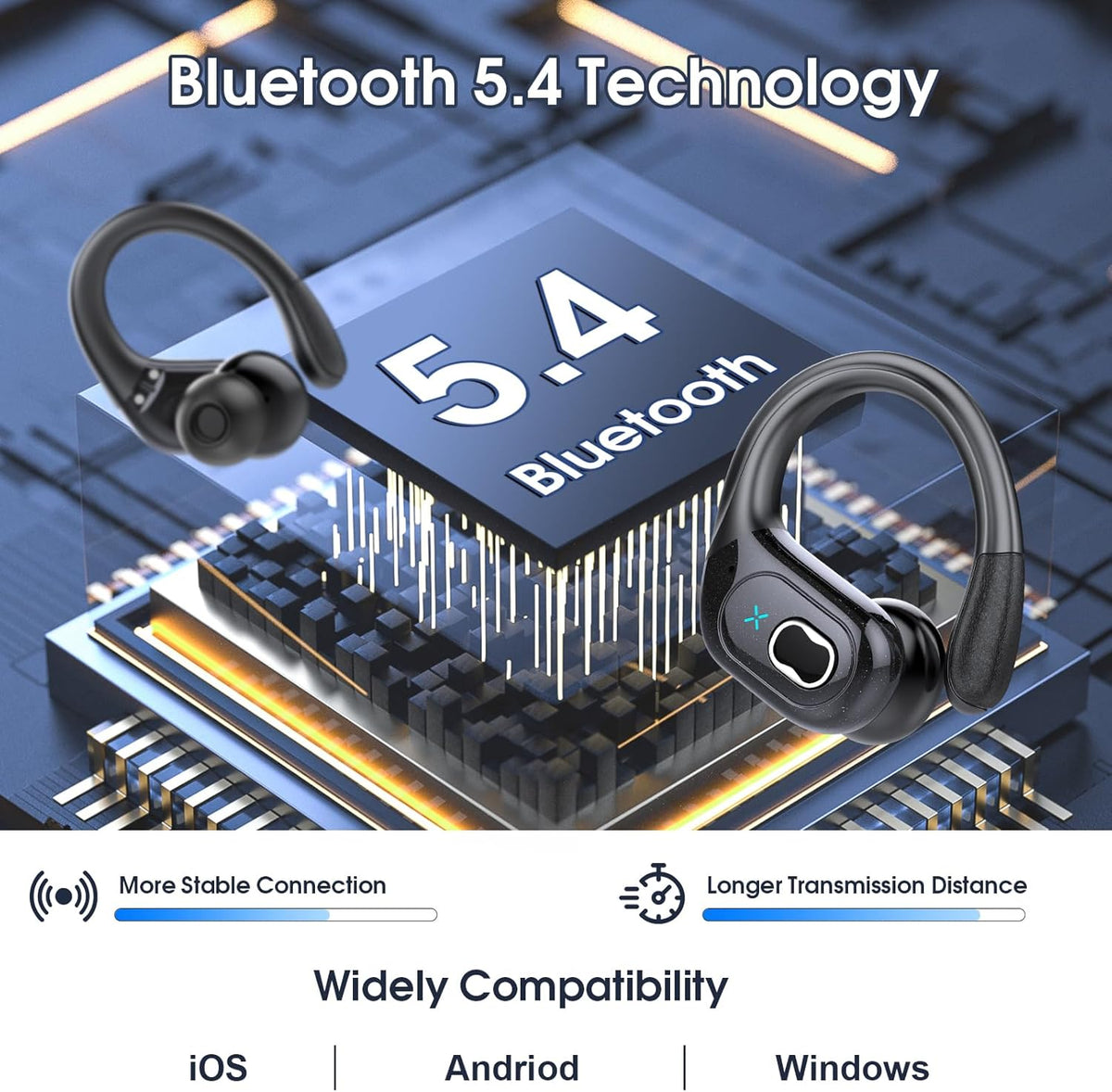 Wireless Earbuds 75hrs Bluetooth 5.4 Headphone Sport, Bluetooth Earbuds Stereo Deep Bass Over Ear Bud with Earhooks, ENC Noise Cancelling Mic