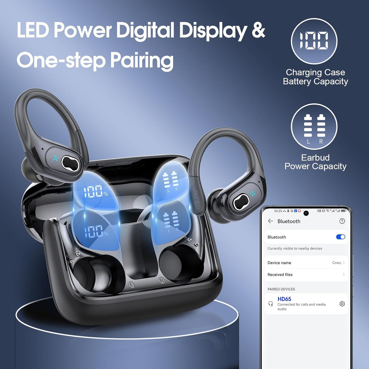 Wireless Earbuds 75hrs Bluetooth 5.4 Headphone Sport, Bluetooth Earbuds Stereo Deep Bass Over Ear Bud with Earhooks, ENC Noise Cancelling Mic