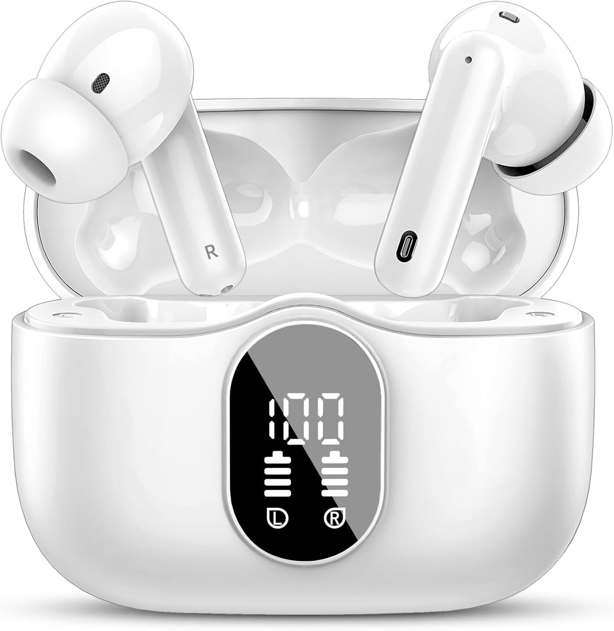 Wireless Earbuds, Bluetooth 5.4 Headphones Bass Stereo, Ear Buds with Noise Cancelling Mic, LED Display in Ear Earphones Clear Calls (White)