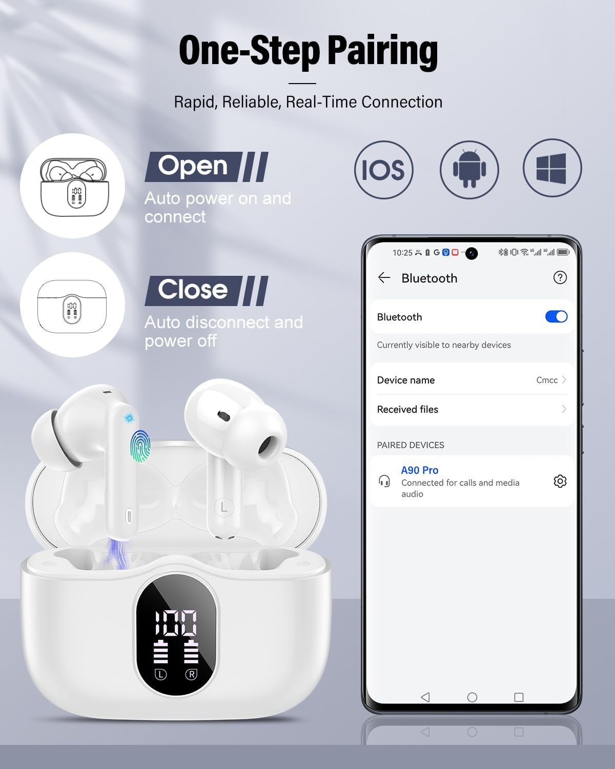 Wireless Earbuds, Bluetooth 5.4 Headphones Bass Stereo, Ear Buds with Noise Cancelling Mic, LED Display in Ear Earphones Clear Calls (White)