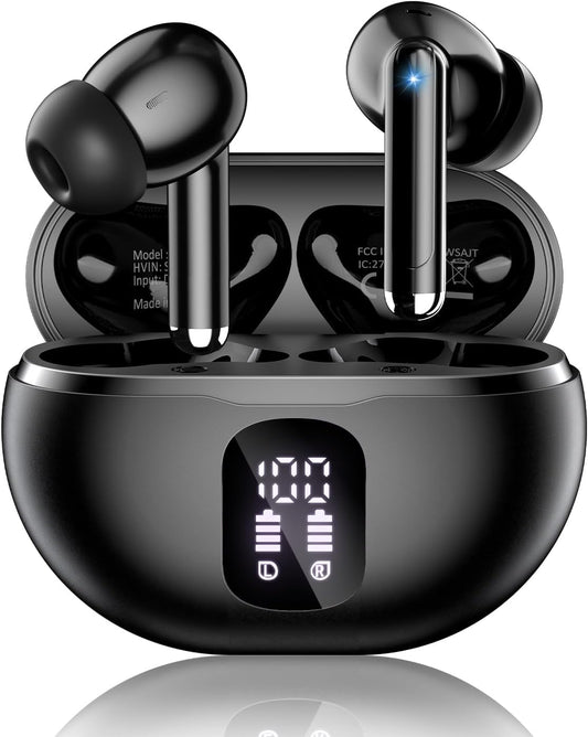 Wireless Earbuds, Bluetooth 5.4 Headphones with 50H Playback, Deep Bass Stereo Ear Buds Clear Calls with LED Power Display, IPX7 Waterproof (Black)