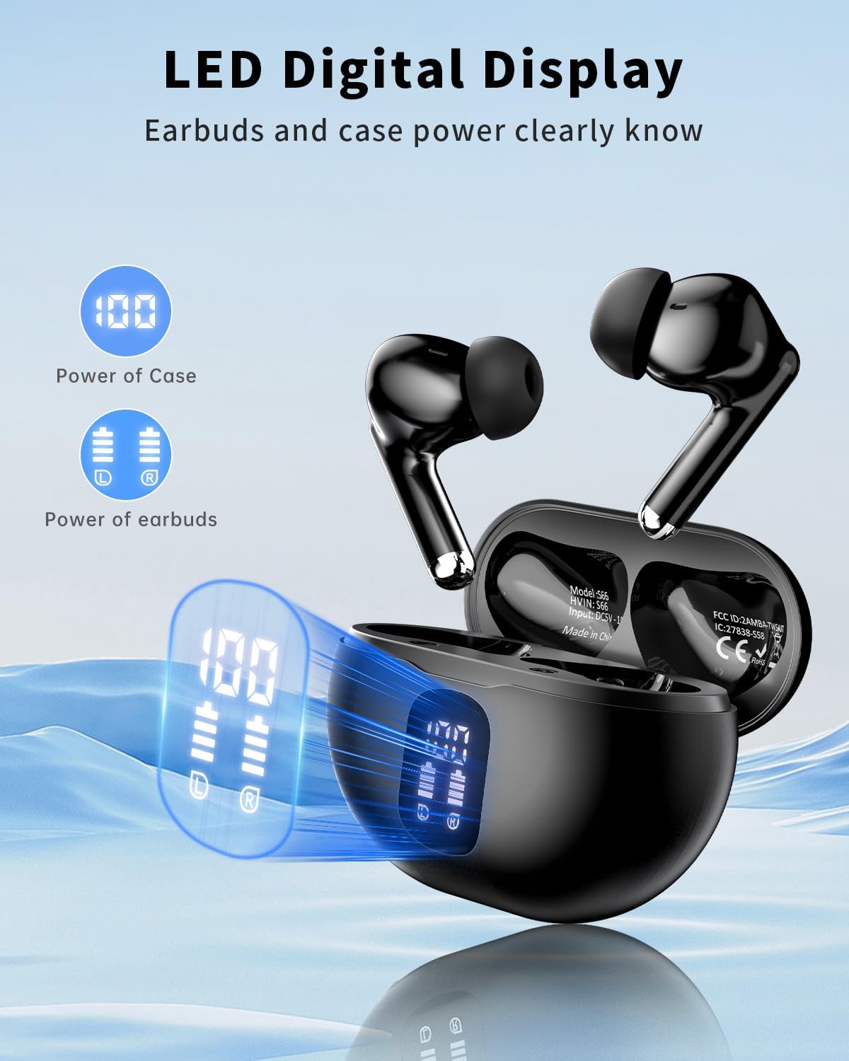 Wireless Earbuds, Bluetooth 5.4 Headphones with 50H Playback, Deep Bass Stereo Ear Buds Clear Calls with LED Power Display, IPX7 Waterproof (Black)